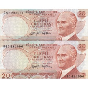 Turkey, 20 Lira, 1979, UNC, p187, 6/3. Emission, prefix G set, (Total 2 banknotes)
