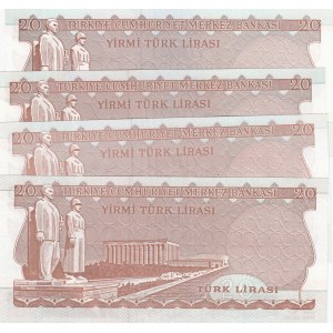 Turkey, 20 Lira (4), 1983, XF / UNC, p188, 6/4. Emission, (Total 4 banknotes)