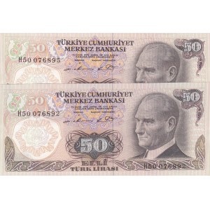 Turkey, 50 Lira (2), 1976, UNC, p187A, 6/1. Emission, (Total 2 banknotes)