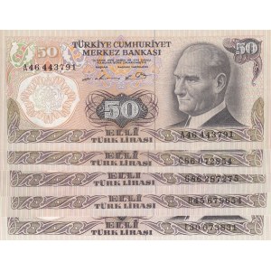 Turkey, 50 Lira, 1976 / 1983, AUNC (-) / UNC, p187Aa / p187Ab, 6/1. ve 6/2. Emission, (Total 5 banknotes)