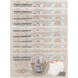 Turkey, 50 Lira, 1976/1983, UNC, p187Aa /p187Ab, 6. Emission full prefix set, (Total 10 banknotes)
