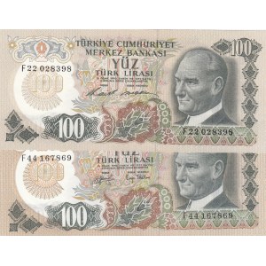 Turkey, 100 Lira, 1972/1979, UNC, p189, 6/1. and 6/2. Emission, DIFFERENT WATERMARK, (Total 2 banknotes)