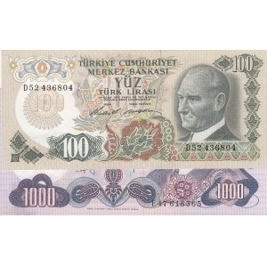 Turkey, 100 Lira and 1.000 Lira, 1972 / 1979, AUNC, p189 / p191, 6. Emission Lot, (Total 2 banknotes)