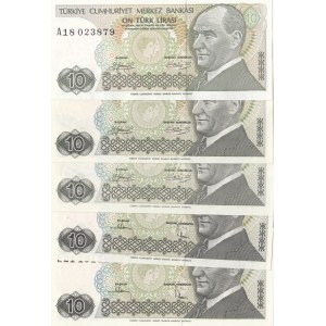 Turkey, 10 Lira, 1979/1982, UNC, p192/p193, 7. Emission full prefix set, (Total 5 banknotes)
