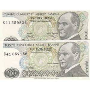 Turkey, 10 Lira, 1979, UNC, p192, 7/1. Emission, LONG AND SHORT EYEBROW SET, (Total 2 banknotes)