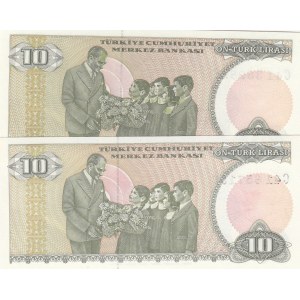 Turkey, 10 Lira, 1979, UNC, p192, 7/1. Emission, LONG AND SHORT EYEBROW SET, (Total 2 banknotes)