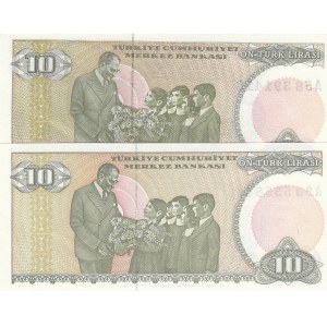 Turkey, 10 Lira, 1979, UNC, p192, 7/1. Emission, LONG AND SHORT EYEBROW SET, (Total 2 banknotes)