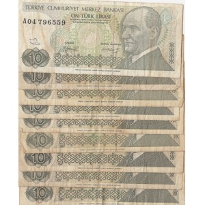 Turkey, 10 Lira, 1979, POOR, p192, 7/1. Emission, (Total 9 banknotes)