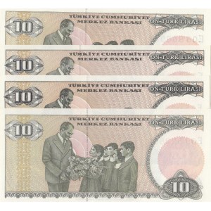 Turkey, 10 Lira, 1982, UNC, p193, 7/2. Emission, (Total 4 banknotes)