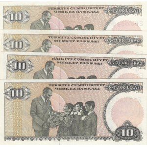 Turkey, 10 Lira, 1982, UNC, p193, 7/2. Emission, (Total 4 banknotes)