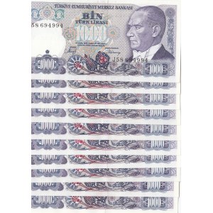 Turkey, 1000 Lira, 1986/1988, UNC, p196, 7. Emission full prefix set, (Total 10 banknotes)