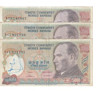 Turkey, 5.000 Lira, 1981, XF (-), p196A, 7/1. Emission, (Total 3 banknotes)