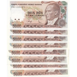 Turkey, 5000 Lira, 1985/1990, UNC, p197/p198, 7. Emission (A except) prefix set, (Total 8 banknotes)