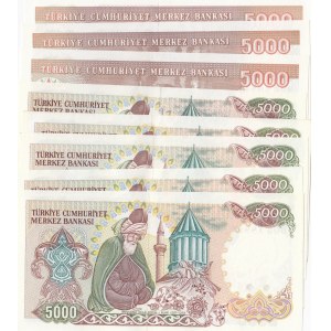 Turkey, 5000 Lira, 1985/1990, UNC, p197/p198, 7. Emission (A except) prefix set, (Total 8 banknotes)