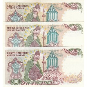 Turkey, 5.000 Lira, 1985, UNC, p197, 7/2. Emission, (Total 3 banknotes)