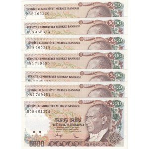 Turkey, 5.000 Lira, 1990, UNC, p198, 7/4. Emission, (Total 7 banknotes)