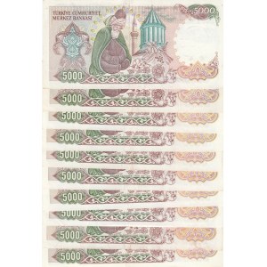 Turkey, 5.000 Lira, 1988, XF / UNC, p197, 7/3. Emission, (Total 10 banknotes)