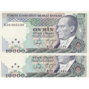 Turkey, 10.000 Lira, 1989, UNC, p200, 7/3. Emission, K30 WATERMARK SET, (Total 2 banknotes)