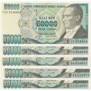 Turkey, 50.000 Lira, 1989/1995, UNC, p203/ p204, 7. Emission, (Total 5 banknotes)