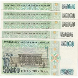 Turkey, 50.000 Lira, 1989/1995, UNC, p203/ p204, 7. Emission, (Total 5 banknotes)