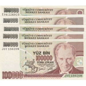 Turkey, 100.000 Lira, 1994 / 1996, UNC, p205b /p205c, 7/2. ve 7/3. Emission, (Total 5 banknotes)