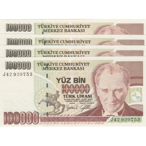 Turkey, 100.000 Lira, 1996, UNC, p205c, 7/3. Emission, (Total 4 consecutive banknotes)