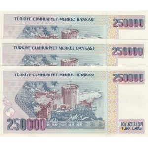 Turkey, 250.000 Lira, 1992, UNC, p207, 7/1. Emission, (Total 3 consecutive banknotes)