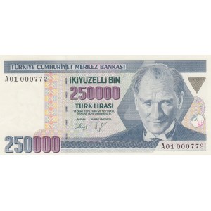 Turkey, 250.000 Lira, 1992, UNC, p207, 7/1. Emission, A01 and LOW SERİAL NUMBER