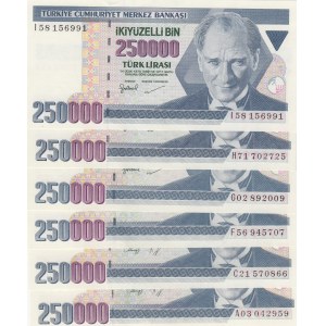 Turkey, 250.000 Lira, 1992/1998, UNC, p207/ p211, 7. Emission, (Total 6 banknotes)