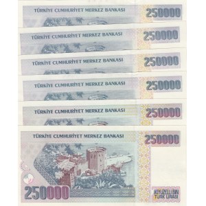 Turkey, 250.000 Lira, 1992/1998, UNC, p207/ p211, 7. Emission, (Total 6 banknotes)
