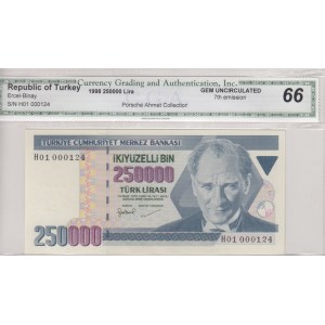 Turkey, 250.000 Lira, 1998, UNC, p211, 7/3. Emission, HD01 first prefix and low serial number