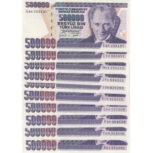 Turkey, 500.000 Lira, 1993/1997, UNC, p208a/ p208c/ p212, 7. Emission, (Total 10 banknotes)