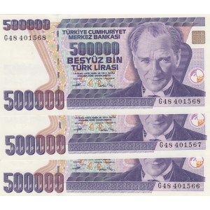 Turkey, 500.000 Lira, 1994, UNC, p208c, 7/3. Emission, (Total 3 consecutive banknotes)