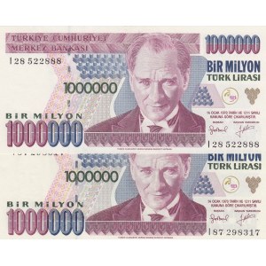 Turkey, 1.000.000 Lira, 1996, UNC, p209, 7/2. Emission, DIFFERENT WATERMARK, (Total 2 banknotes)