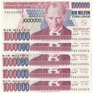 Turkey, 1.000.000 Lira, 2002, UNC, p209c, 7/3. Emission, NICE SERIAL NUMBER, (Total 5 banknotes)
