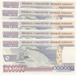 Turkey, 1.000.000 Lira, 2002, UNC, p209c, 7/3. Emission, NICE SERIAL NUMBER, (Total 5 banknotes)