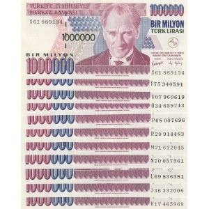 Turkey, 1.000.000 Lira, 1996/2002, UNC, p209, 7/2. and 7/3. Emission, (Total 11 banknotes)