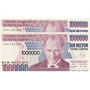 Turkey, 1.000.000 Lira, 2002, UNC, p209c, 7/3. Emission, (Total 2 consecutive banknotes)