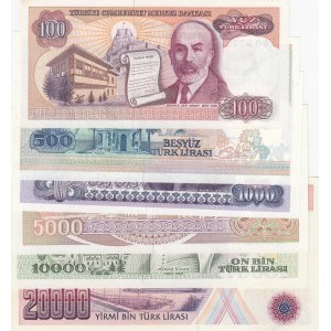 Turkey, 100 Lira, 500 Lira, 1.000 Lira, 5.000 Lira, 10.000 Lira and 20.000 Lira, UNC, 7. Emission Lot, (Total 6 banknotes)