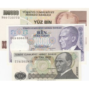 Turkey, 10 Lira, 1000 Lira and 100.000 Lira, 1982 / 1988 / 1996, UNC, p193 / p196 / p205c, 7. Emission, (Total 3 baknotes)
