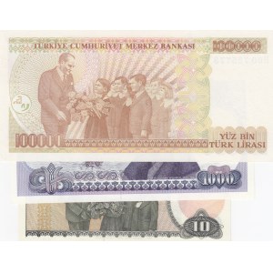 Turkey, 10 Lira, 1000 Lira and 100.000 Lira, 1982 / 1988 / 1996, UNC, p193 / p196 / p205c, 7. Emission, (Total 3 baknotes)