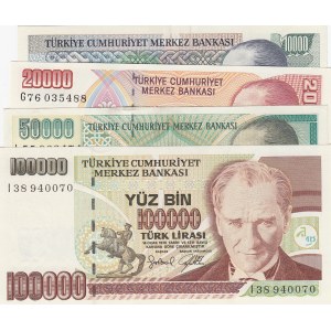 Türkiye, 10.000 Lira, 20.000 Lira, 50.000 Lira and 100.000 Lira, 7. Emission Lot, (Total 4 Banknotes)