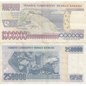 Turkey, 250.000 Lira and 1.000.000 Lira, 1998 / 2002, XF, p211 / p209, 7. Emission, (Total 2 baknotes)