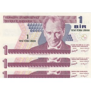 Turkey, 1 New Turkish Lira, 2005, UNC, p216, 8/1. Emission, (Total 3 consecutive banknotes)