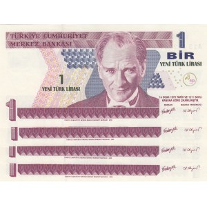 Turkey, 1 New Turkish Lira, 2005, UNC, p216, 8/1. Emission, (Total 4 consecutive banknotes)