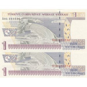 Turkey, 1 New Turkish Lira, 2005, UNC, p216, 8/1. Emission, A01 first prefix and A79 son prefix, (Total 2 banknotes)