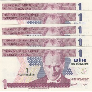 Turkey, 1 New Turkish Lira, 2005, UNC, p216, 8/1. Emission, (Total 5 consecutive banknotes)