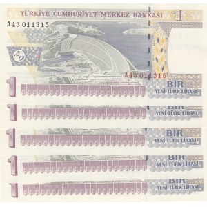 Turkey, 1 New Turkish Lira, 2005, UNC, p216, 8/1. Emission, (Total 5 consecutive banknotes)