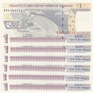 Turkey, 1 New Turkish Lira, 2005, UNC, p216, 8/1. Emission, (Total 6 consecutive banknotes)