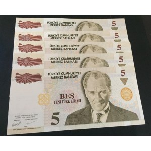 Turkey, 5 New Turkish Lira, 2005, UNC, p217, 8/1. Emission, (Total 5 banknotes)